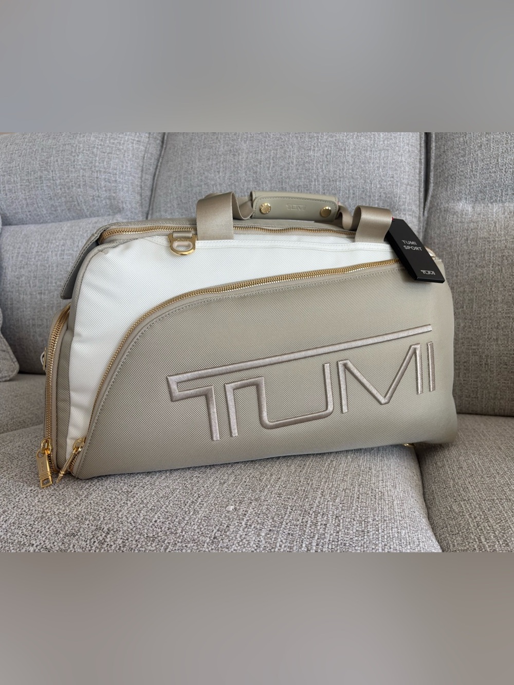 Tumi Two-Tone Taupe & White Travel Duffle with Gold Hardware
